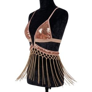New Small Rose Gold Sequin Festival Bralette Body Macrame Fringe Rave Top